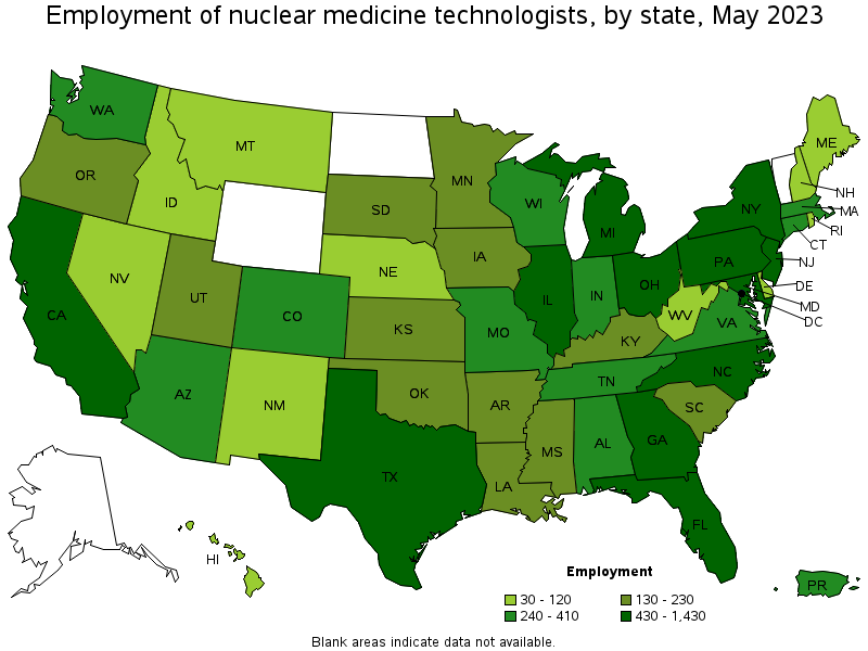 Map of employment of nuclear medicine technologists by state, May 2023