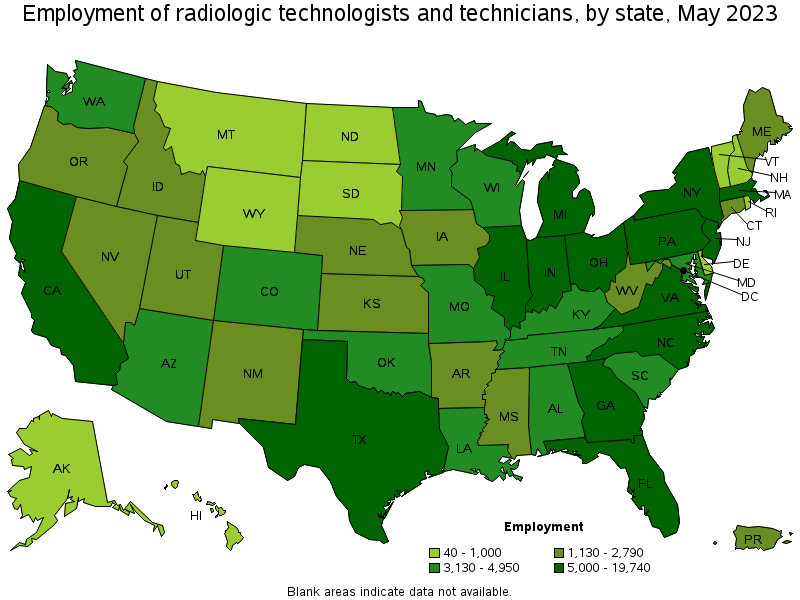 Map of employment of radiologic technologists and technicians by state, May 2023