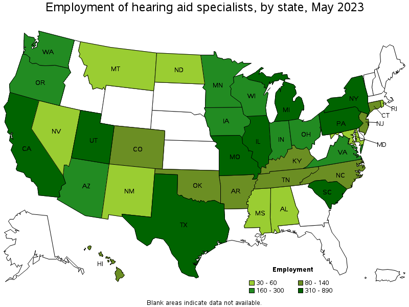 Map of employment of hearing aid specialists by state, May 2023