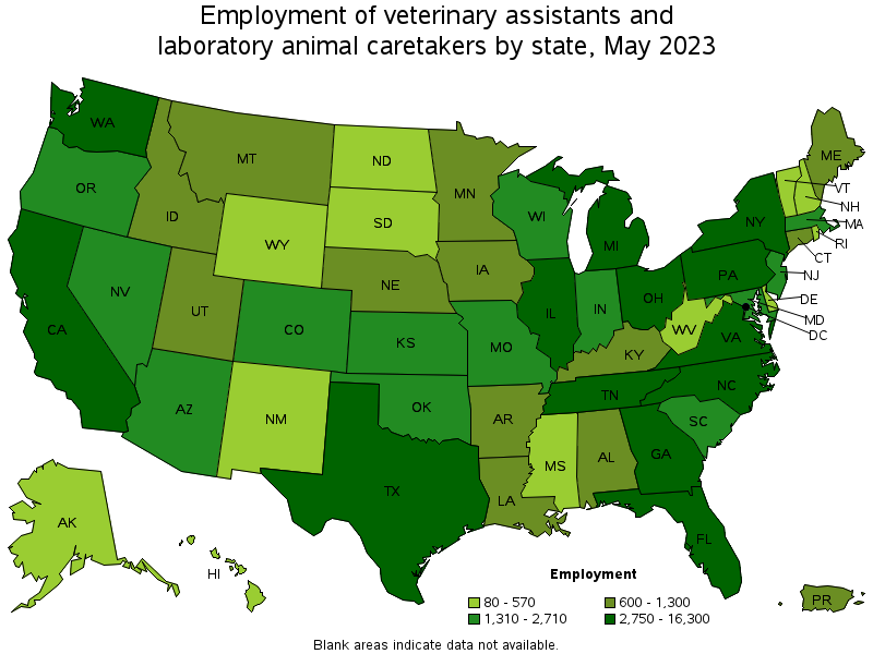 Map of employment of veterinary assistants and laboratory animal caretakers by state, May 2023