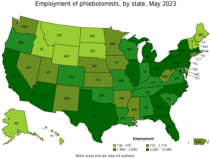 Map of employment of phlebotomists by state, May 2023