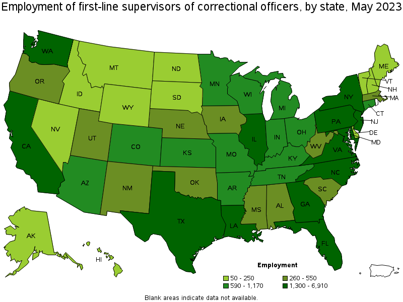 Map of employment of first-line supervisors of correctional officers by state, May 2023