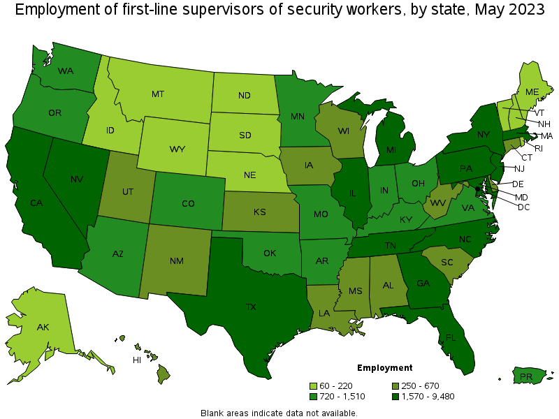 Map of employment of first-line supervisors of security workers by state, May 2023