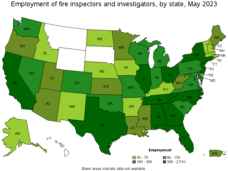 Map of employment of fire inspectors and investigators by state, May 2023