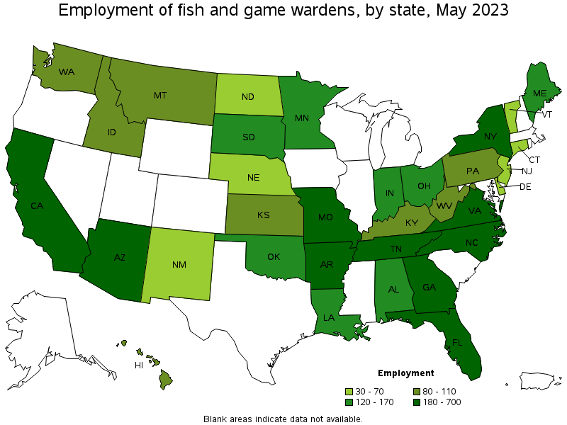 Map of employment of fish and game wardens by state, May 2023