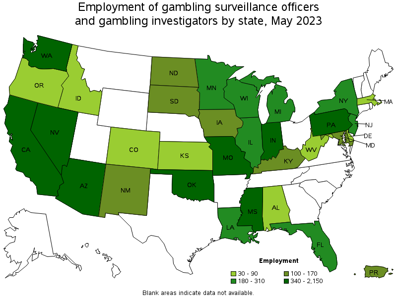 Map of employment of gambling surveillance officers and gambling investigators by state, May 2023