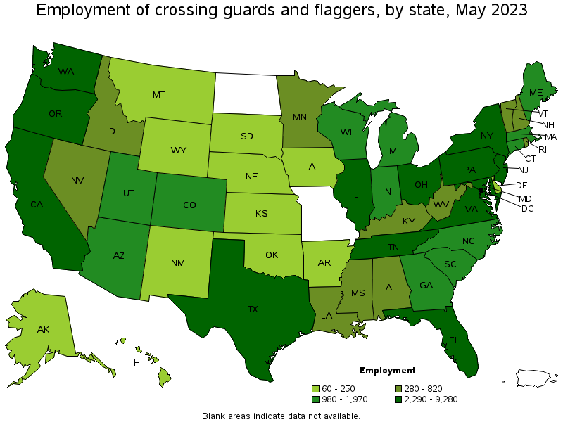 Map of employment of crossing guards and flaggers by state, May 2023