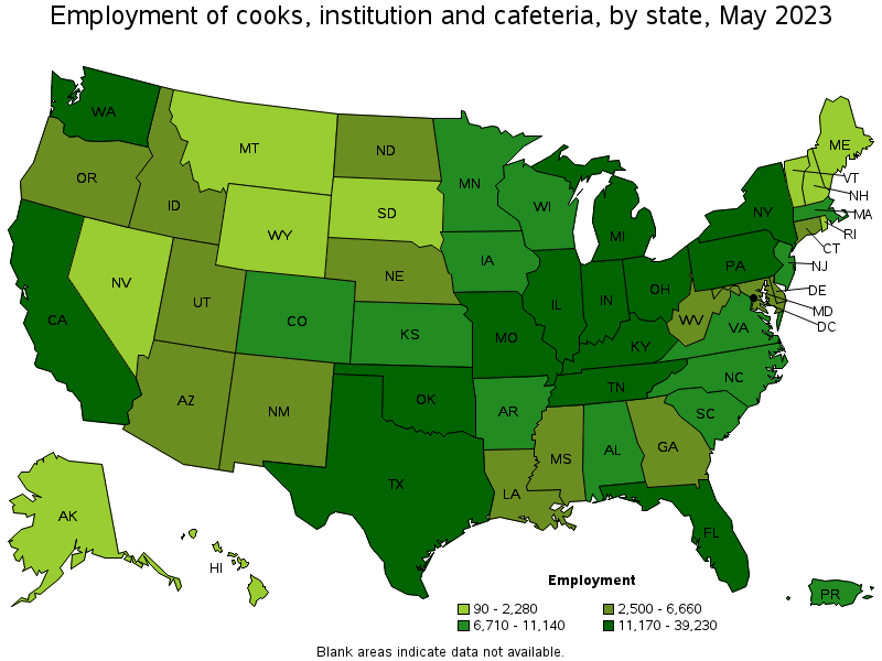 Map of employment of cooks, institution and cafeteria by state, May 2023