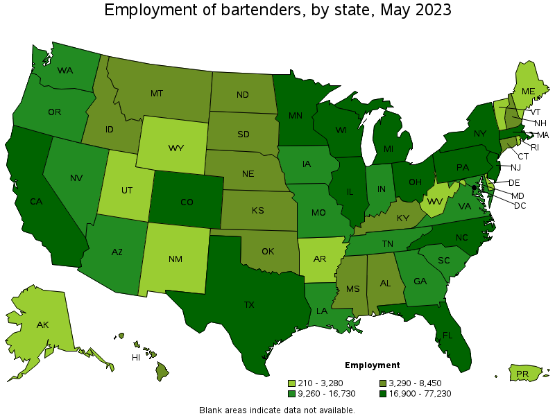 Map of employment of bartenders by state, May 2023