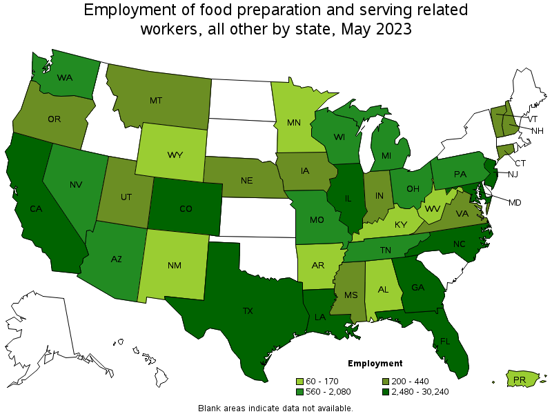 Map of employment of food preparation and serving related workers, all other by state, May 2023