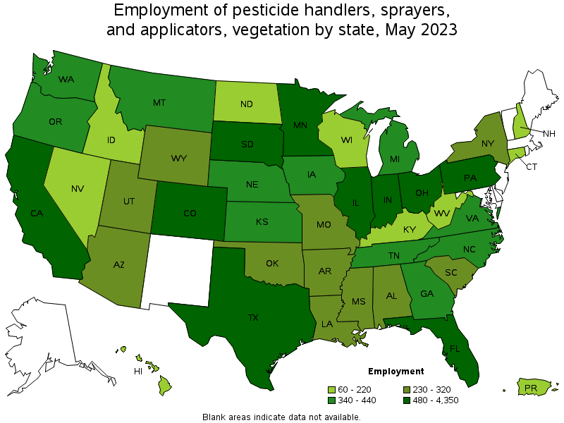 Map of employment of pesticide handlers, sprayers, and applicators, vegetation by state, May 2023