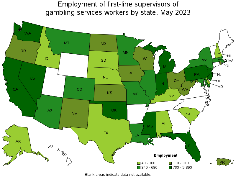 Map of employment of first-line supervisors of gambling services workers by state, May 2023