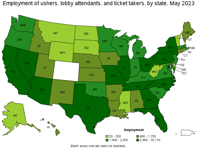 Map of employment of ushers, lobby attendants, and ticket takers by state, May 2023