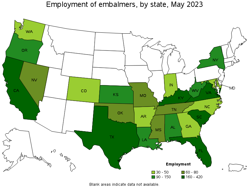 Map of employment of embalmers by state, May 2023