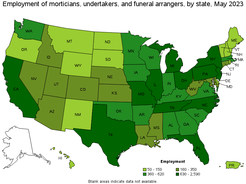 Map of employment of morticians, undertakers, and funeral arrangers by state, May 2023