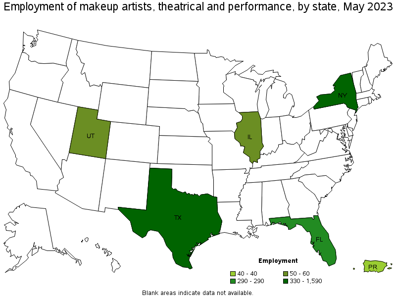 Map of employment of makeup artists, theatrical and performance by state, May 2023