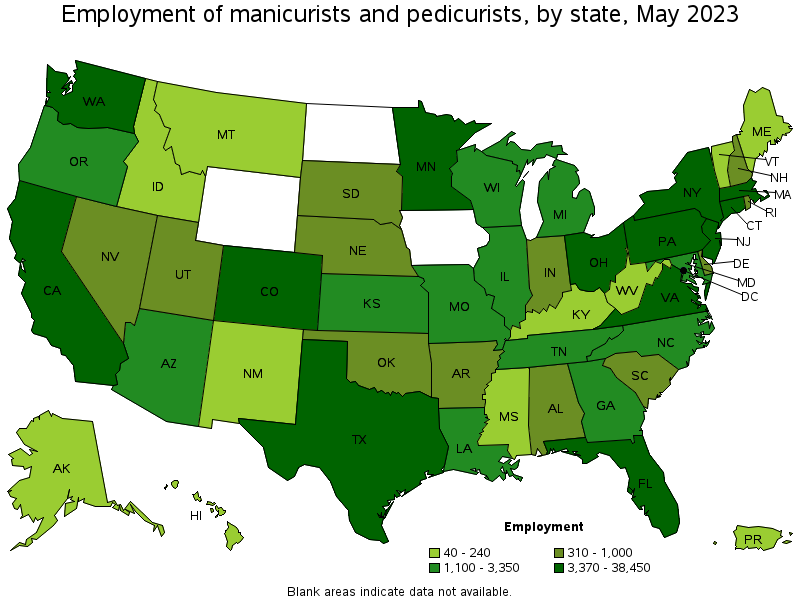 Map of employment of manicurists and pedicurists by state, May 2023
