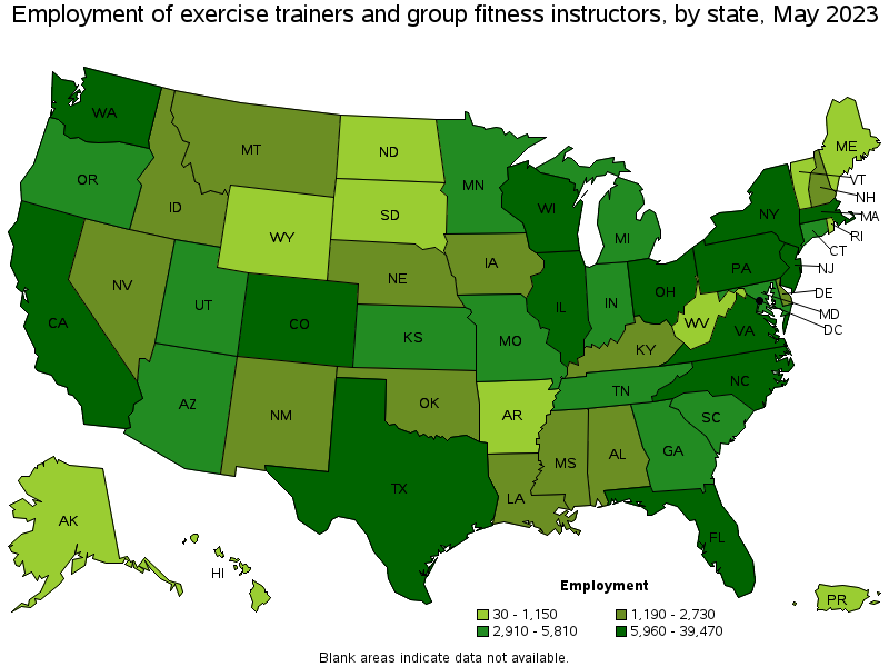 Map of employment of exercise trainers and group fitness instructors by state, May 2023