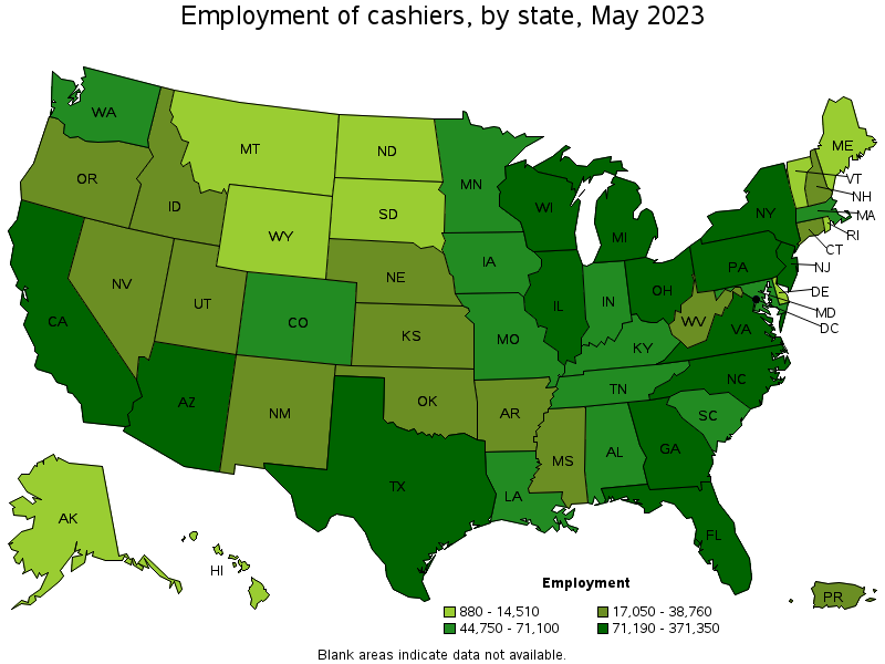 Map of employment of cashiers by state, May 2023