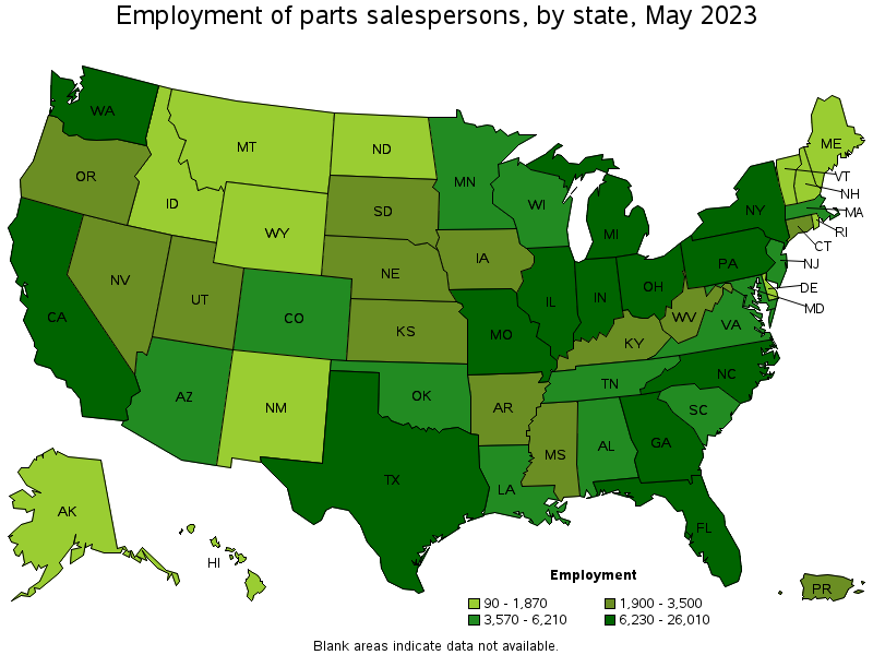 Map of employment of parts salespersons by state, May 2023