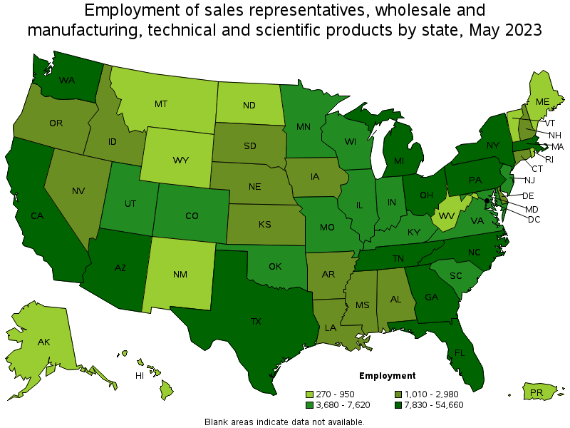 Map of employment of sales representatives, wholesale and manufacturing, technical and scientific products by state, May 2023