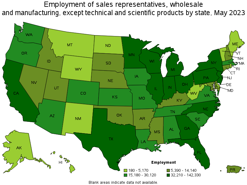 Map of employment of sales representatives, wholesale and manufacturing, except technical and scientific products by state, May 2023