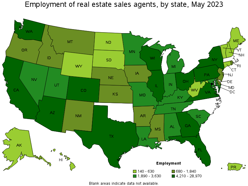Map of employment of real estate sales agents by state, May 2023