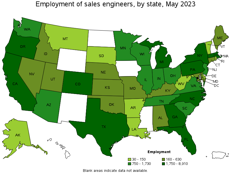 Map of employment of sales engineers by state, May 2023