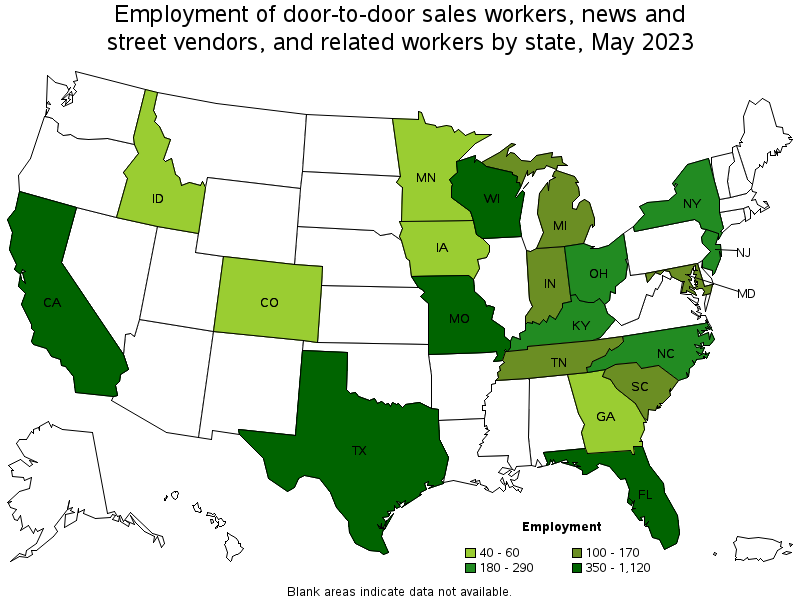 Map of employment of door-to-door sales workers, news and street vendors, and related workers by state, May 2023