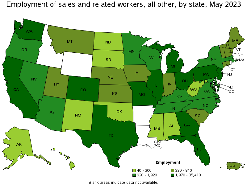 Map of employment of sales and related workers, all other by state, May 2023