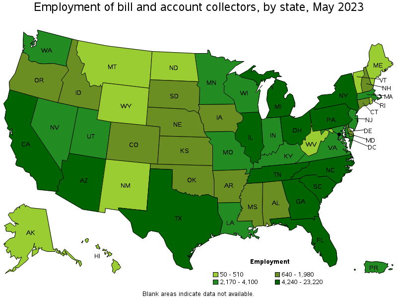 Map of employment of bill and account collectors by state, May 2023