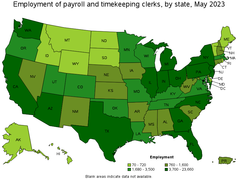 Map of employment of payroll and timekeeping clerks by state, May 2023