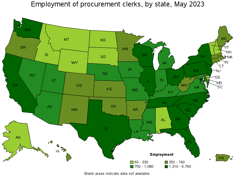Map of employment of procurement clerks by state, May 2023