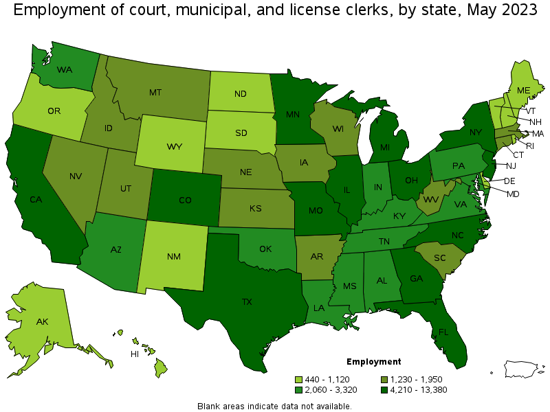 Map of employment of court, municipal, and license clerks by state, May 2023