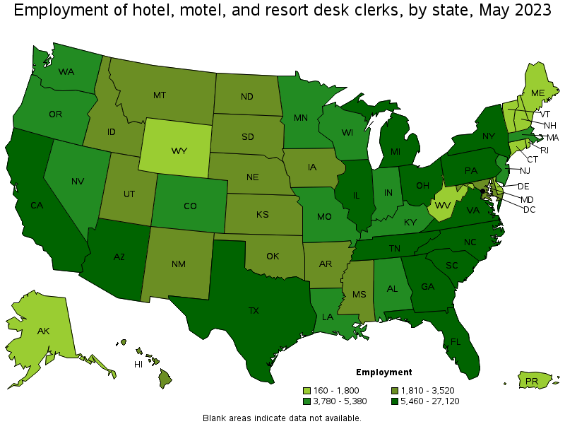 Map of employment of hotel, motel, and resort desk clerks by state, May 2023