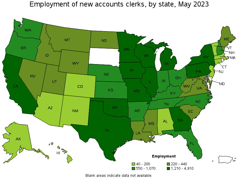 Map of employment of new accounts clerks by state, May 2023