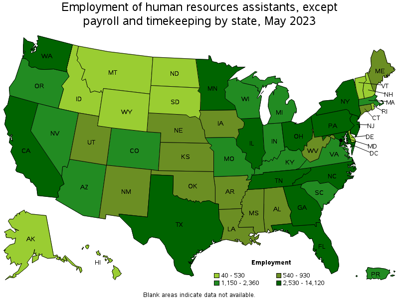 Map of employment of human resources assistants, except payroll and timekeeping by state, May 2023