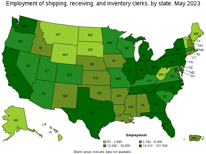Map of employment of shipping, receiving, and inventory clerks by state, May 2023