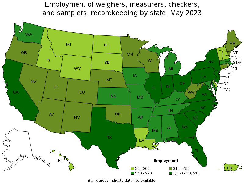 Map of employment of weighers, measurers, checkers, and samplers, recordkeeping by state, May 2023