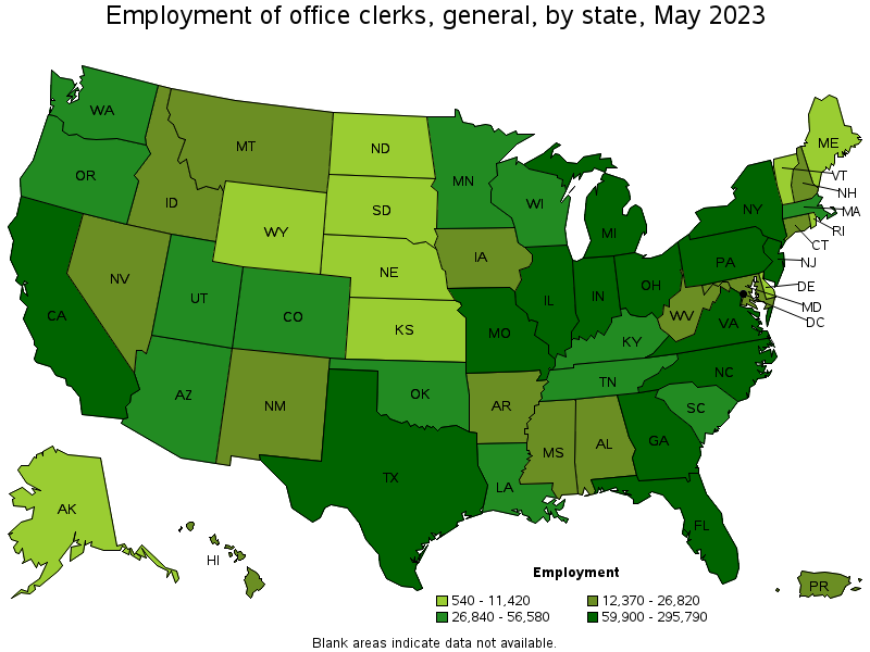 Map of employment of office clerks, general by state, May 2023