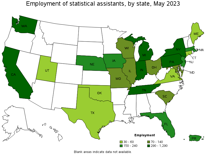Map of employment of statistical assistants by state, May 2023