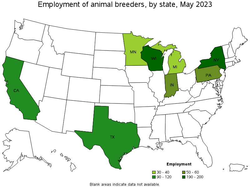 Map of employment of animal breeders by state, May 2023