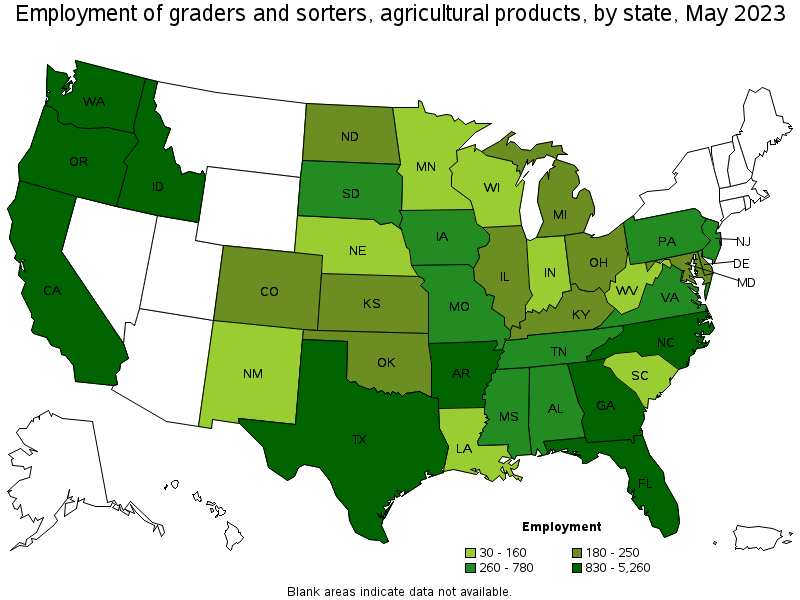 Map of employment of graders and sorters, agricultural products by state, May 2023
