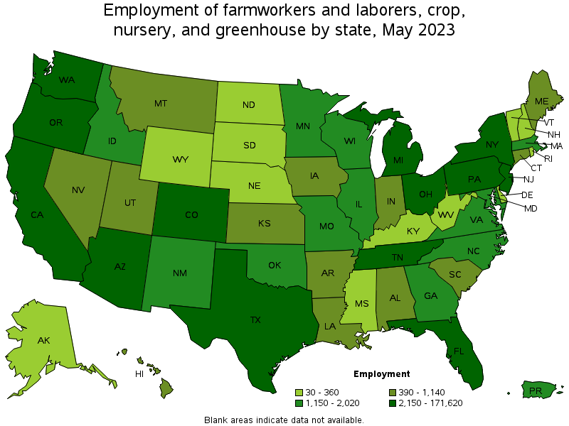 Map of employment of farmworkers and laborers, crop, nursery, and greenhouse by state, May 2023