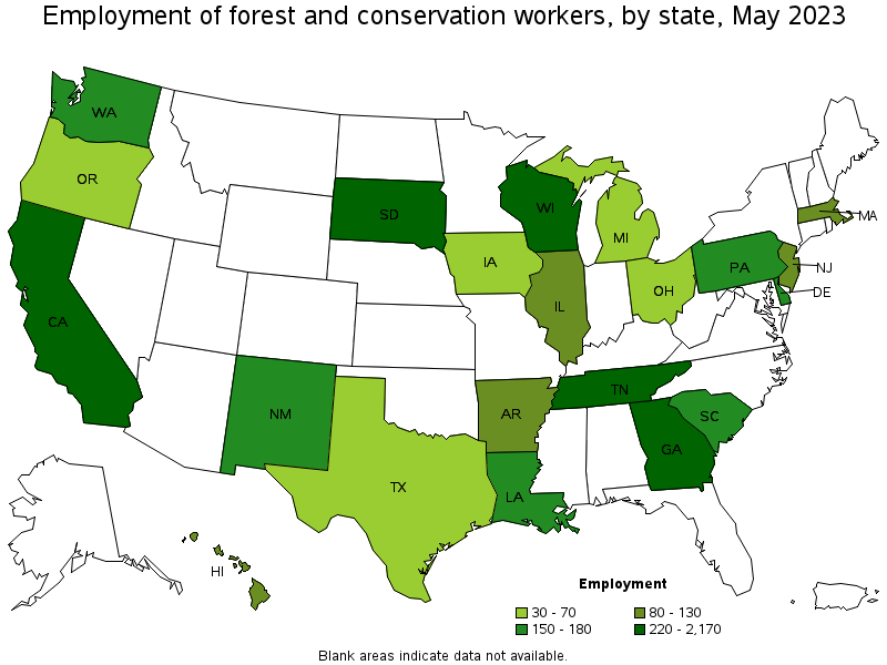Map of employment of forest and conservation workers by state, May 2023