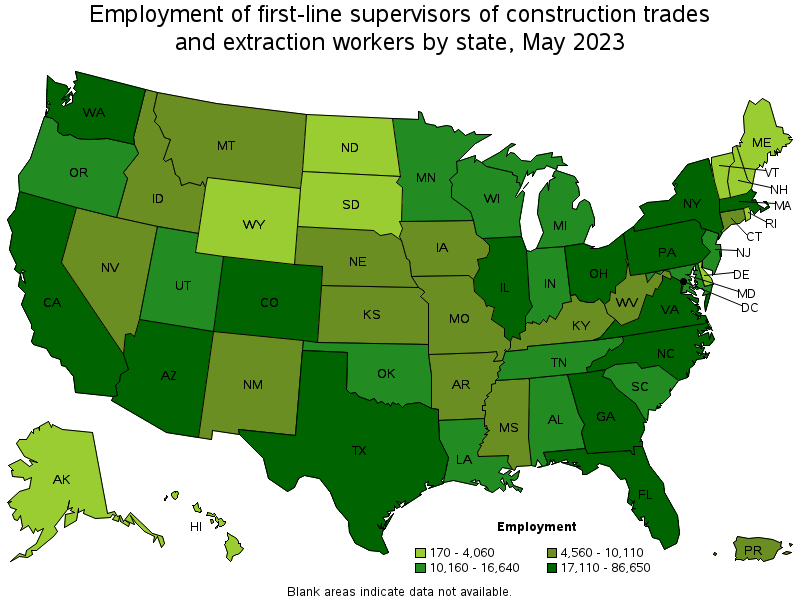 Map of employment of first-line supervisors of construction trades and extraction workers by state, May 2023