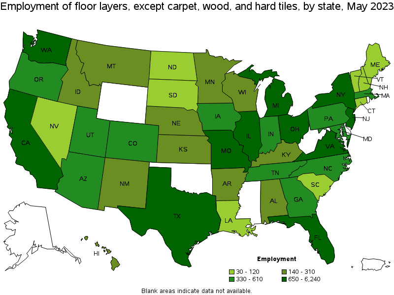 Map of employment of floor layers, except carpet, wood, and hard tiles by state, May 2023