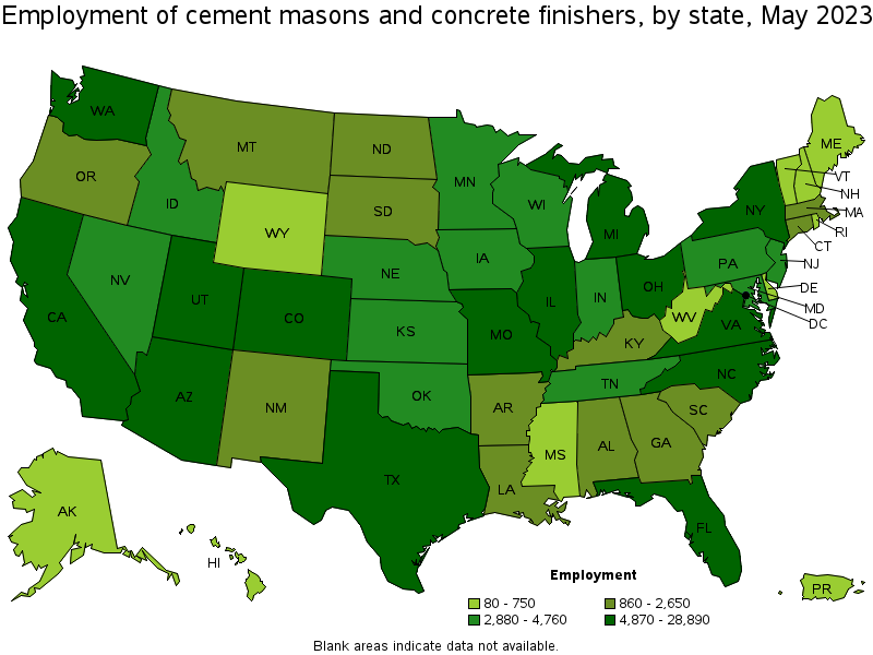 Map of employment of cement masons and concrete finishers by state, May 2023