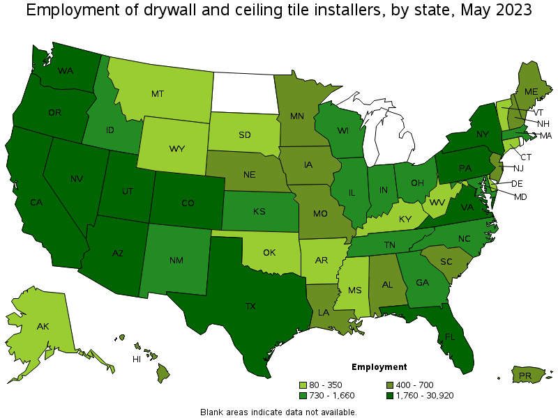 Map of employment of drywall and ceiling tile installers by state, May 2023