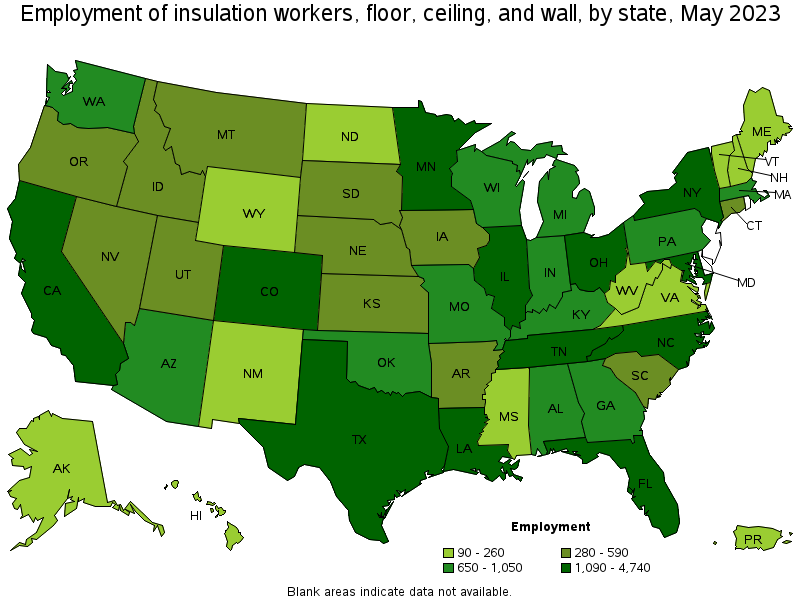Map of employment of insulation workers, floor, ceiling, and wall by state, May 2023
